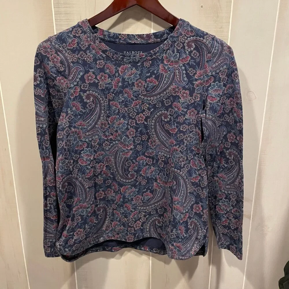 Cute cotton stretch Talbots navy floral paisley swirl long sleeve crew neck top - Picture 7 of 9